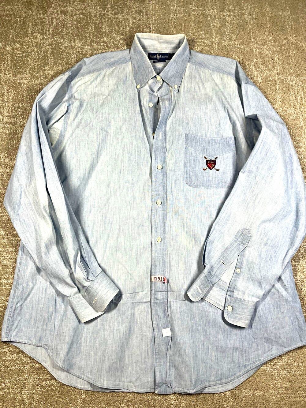 Ralph Lauren Vintage Tilden Blue Chambray Button Down Shirt Logo Pocket XL